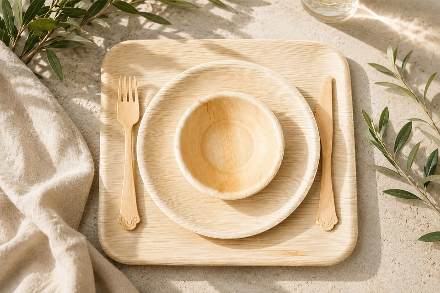 Bamboo plates and cutlery for complete catering supply programs