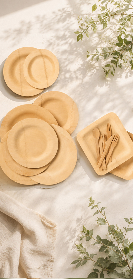Bamboo plates with matching cutlery for private label ranges
