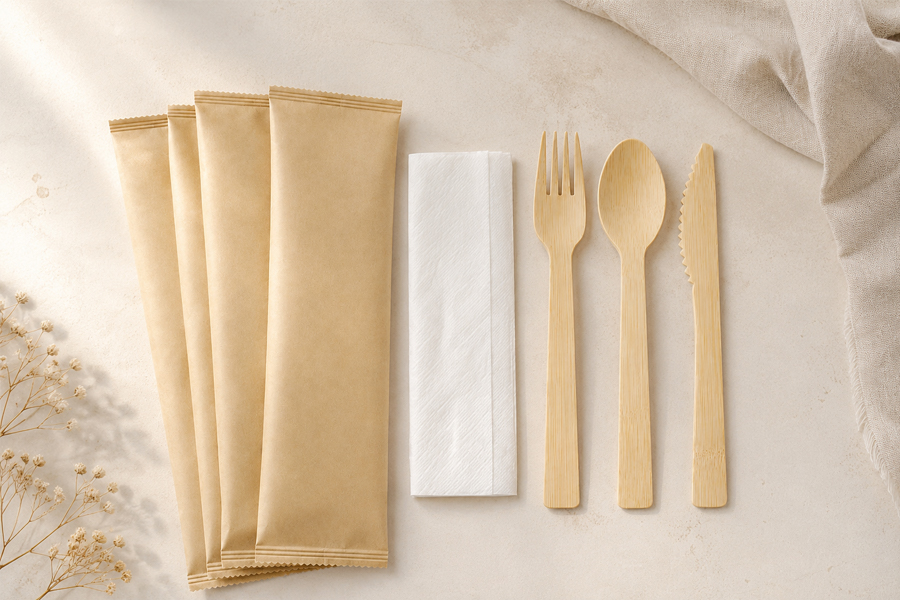 Bamboo spoon fork and knife set for takeaway meals
