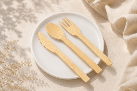 Bamboo spoon fork and knife set for takeaway meals