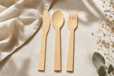 Bamboo spoon fork and knife set for takeaway meals