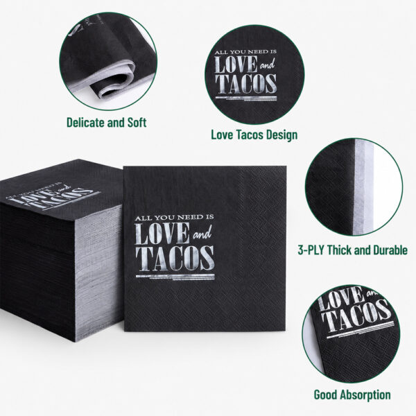 Black 3-Ply Paper Cocktail Napkins with Taco Print