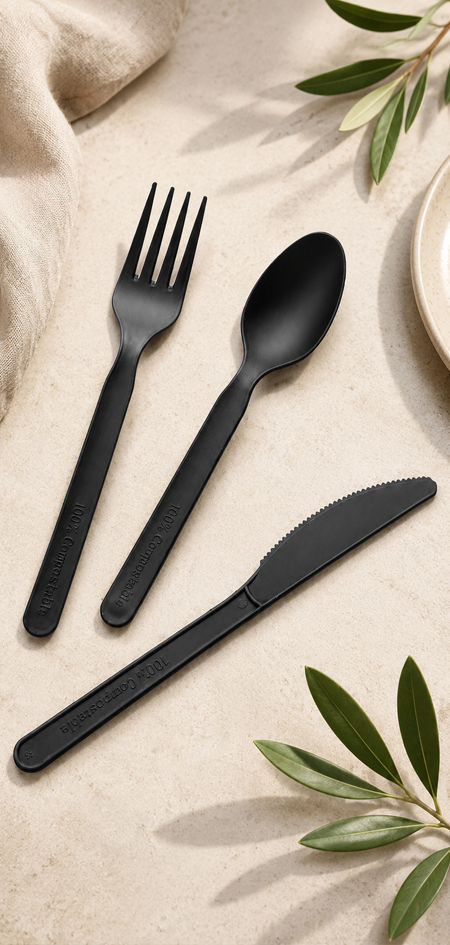 Black disposable cutlery set for takeaway meal service