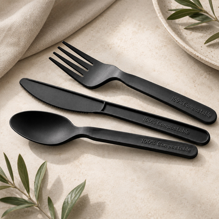 Black disposable cutlery set for takeaway meal service