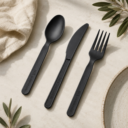 Black disposable cutlery set for takeaway meal service