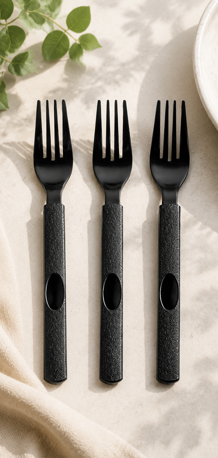 Black plastic forks for premium foodservice presentation