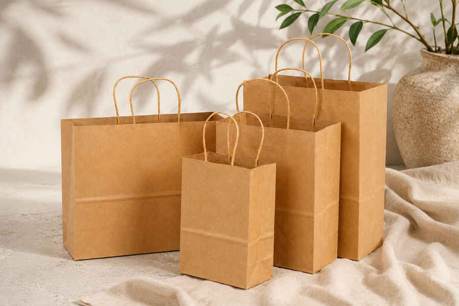 Brown kraft paper grocery bags with twisted paper handles