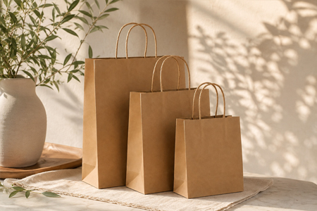 Brown kraft paper grocery bags with twisted paper handles