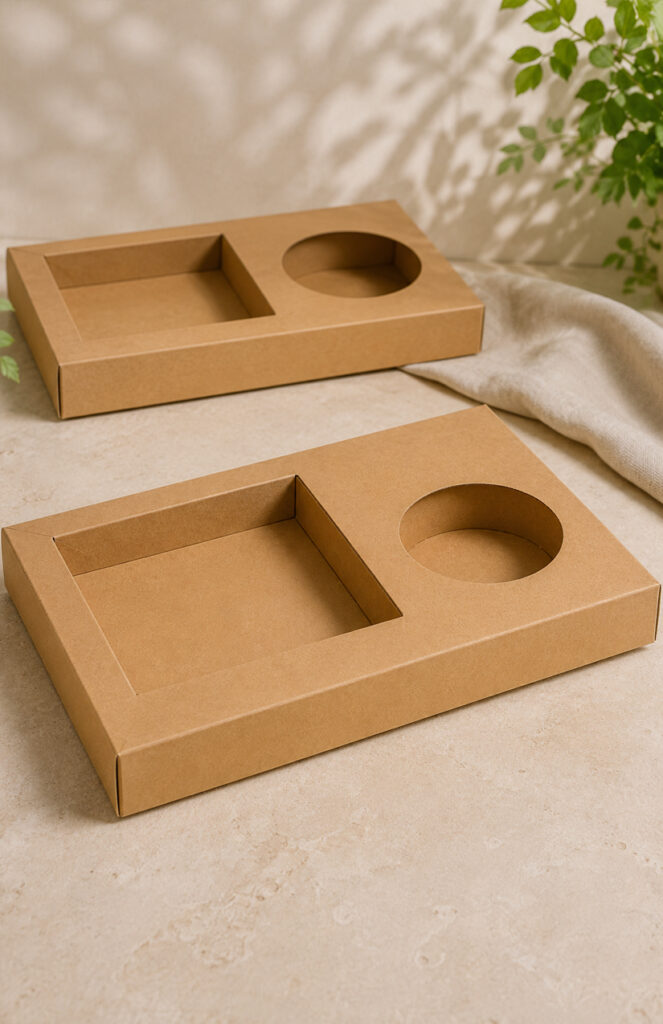Brown paper food trays stacked for wholesale foodservice supply