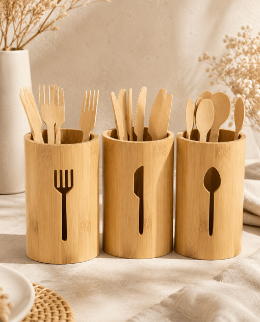 Bulk bamboo cutlery packed for wholesale distribution
