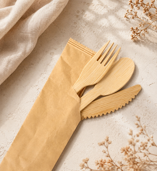 Bulk bamboo cutlery packed for wholesale distribution