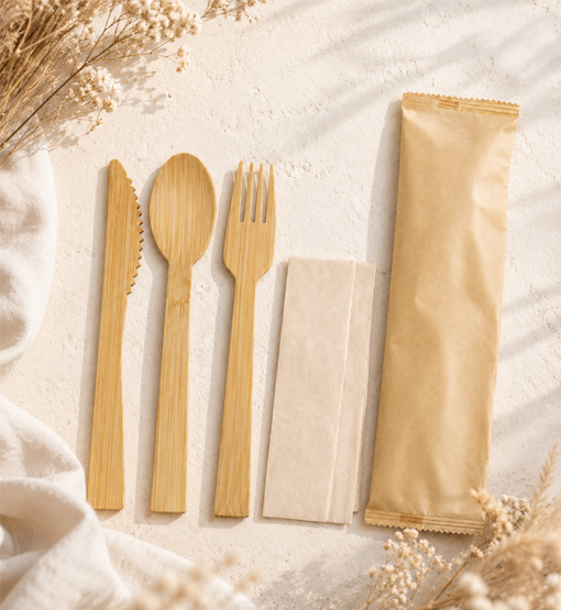 Bulk bamboo cutlery packed for wholesale distribution