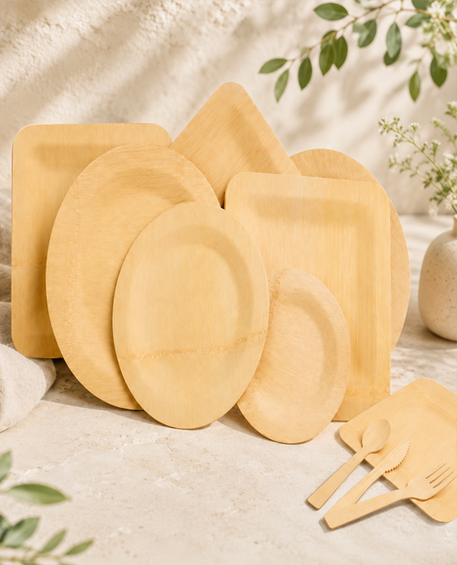 Bulk bamboo plates packed for export and wholesale distribution
