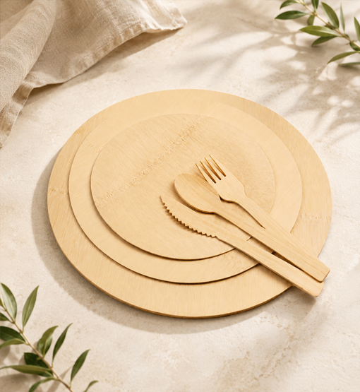 Bulk bamboo plates packed for export and wholesale distribution
