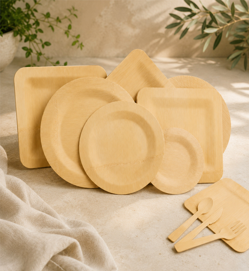 Bulk bamboo plates packed for export and wholesale distribution