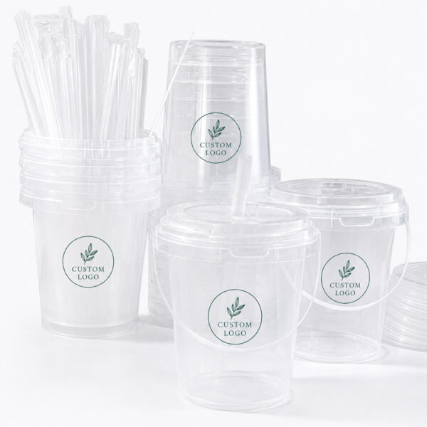 Clear Drink Bucket Cup with Lid, Straw and Handle