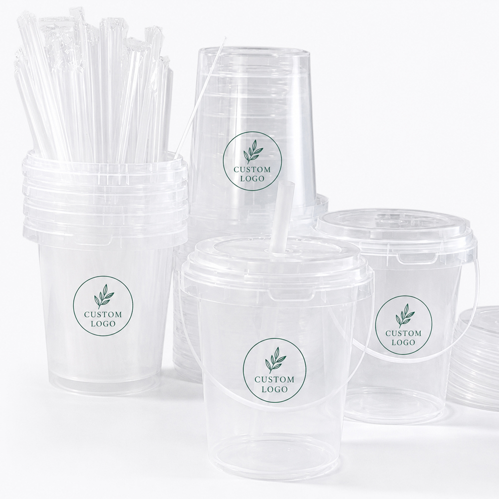 Clear Drink Bucket Cup with Lid, Straw and Handle