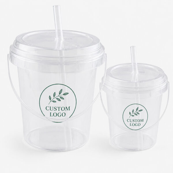 Clear Drink Bucket Cup with Lid, Straw and Handle