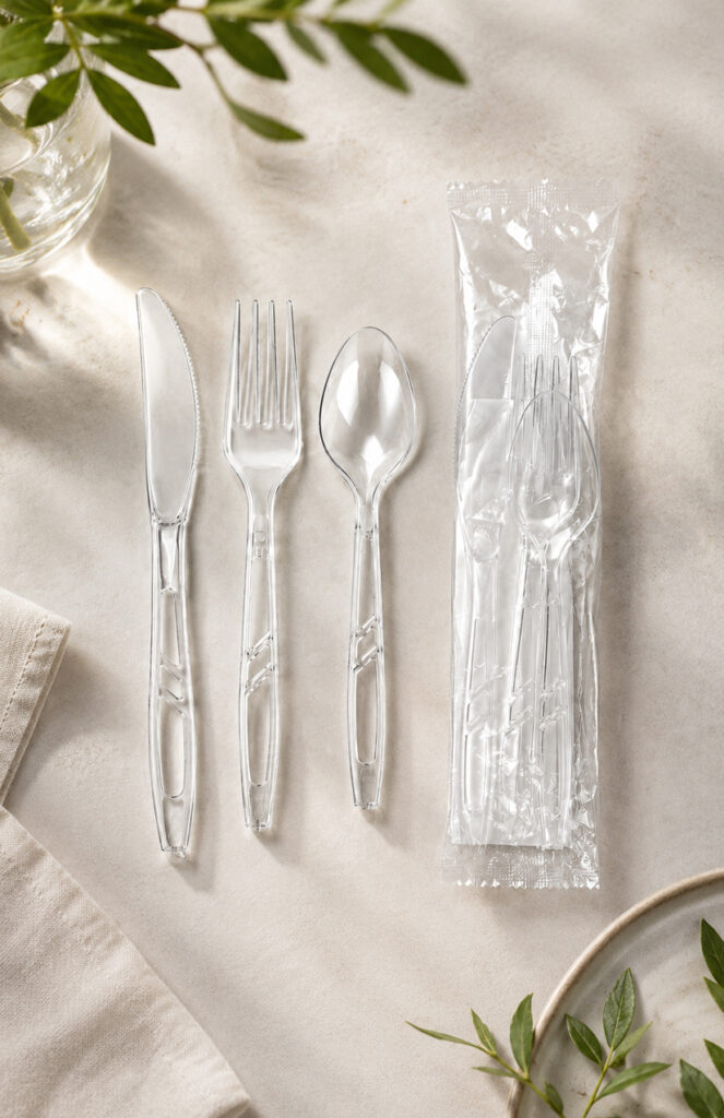 Clear plastic cutlery set with fork spoon and knife