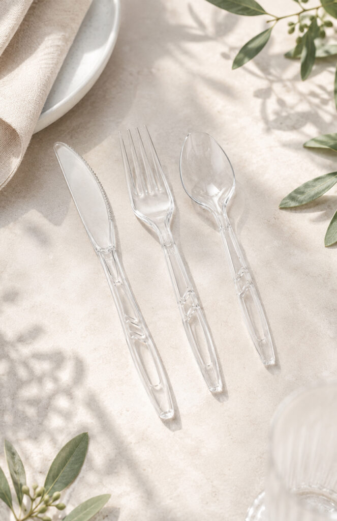 Clear plastic cutlery set with fork spoon and knife