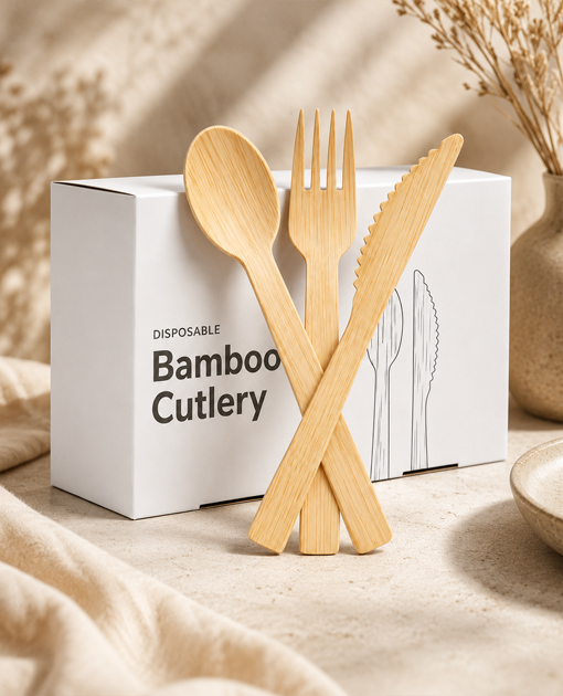 Compostable bamboo cutlery set for certified foodservice programs