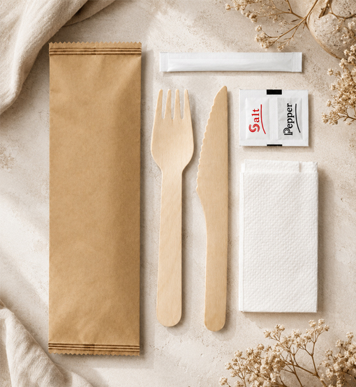 Compostable bamboo cutlery set for certified foodservice programs