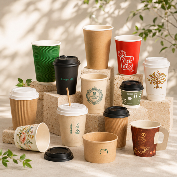 Compostable paper cups with PLA lining for foodservice programs