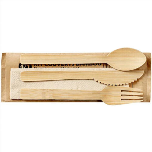 Disposable Bamboo-Style Cutlery Set with Napkin