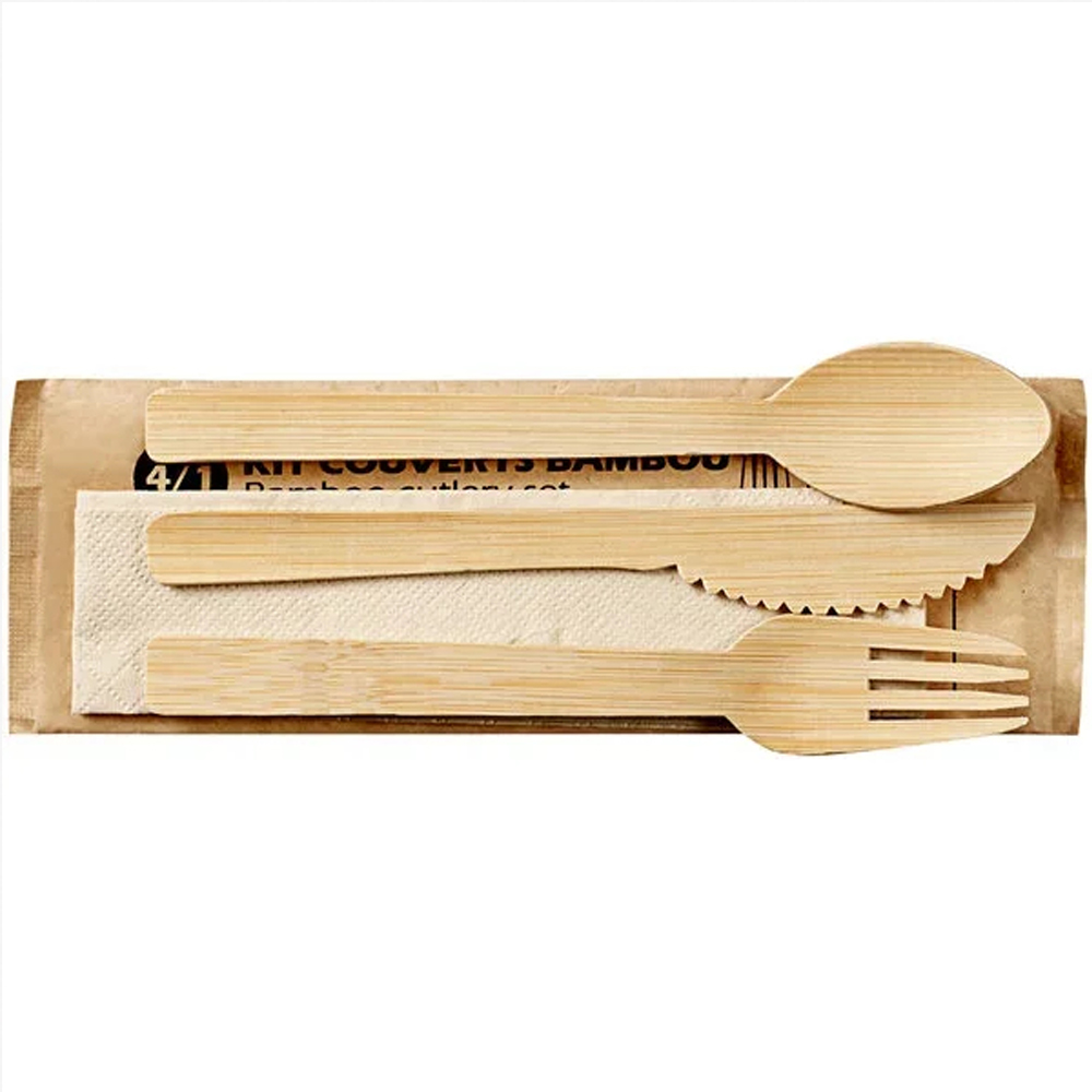 Disposable Bamboo-Style Cutlery Set with Napkin