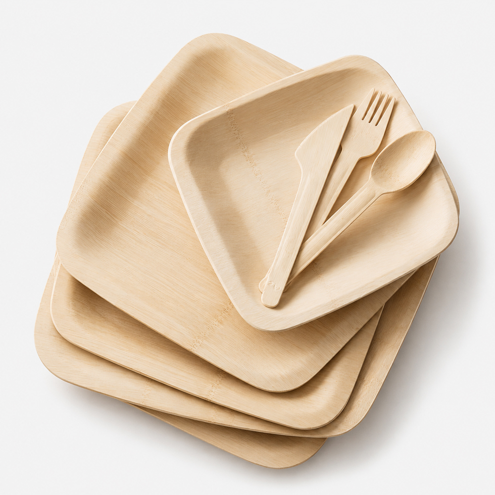 Disposable Bamboo-Style Square Plates for Catering