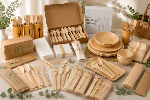 Disposable bamboo cutlery for bulk takeaway and catering