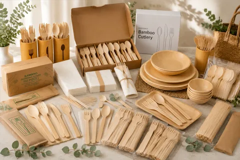 Disposable bamboo cutlery for bulk takeaway and catering