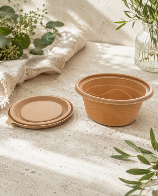 Disposable bamboo fiber serving bowls with a natural finish