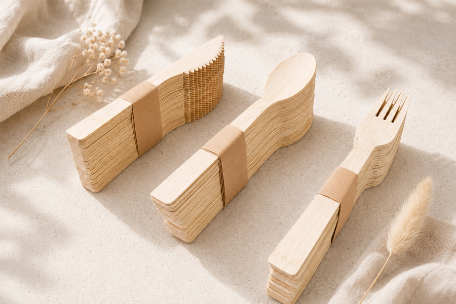 Eco-friendly bamboo cutlery for restaurant meal service