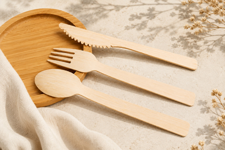 Eco-friendly bamboo cutlery for restaurant meal service