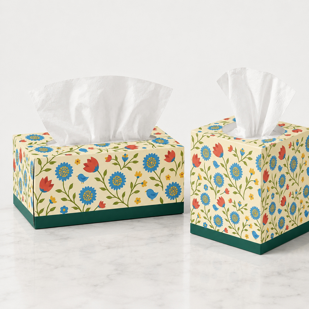 Facial Tissue Boxes in Rectangular and Cube Formats