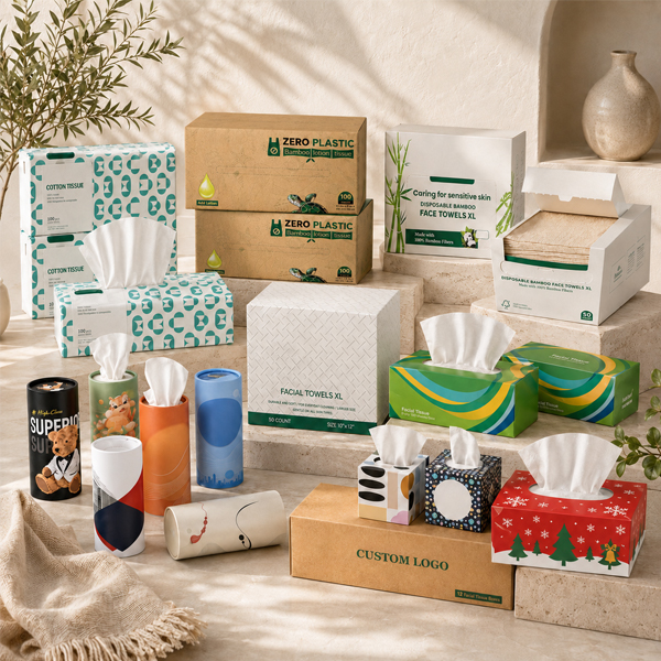 Facial tissue boxes for wholesale and private-label programs