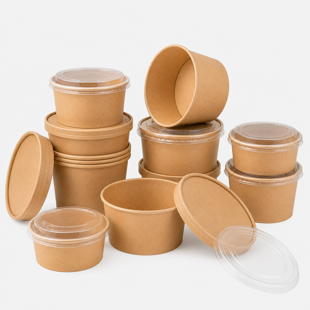 Kraft Paper Bowl with Clear Lid for Takeaway Meals