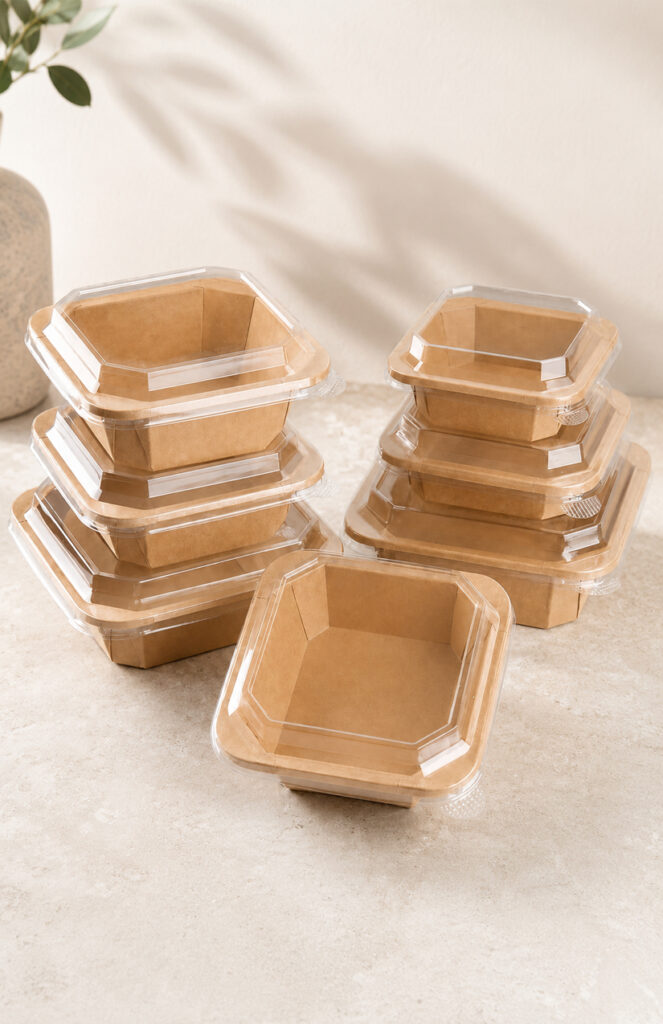 Kraft paper bowls with matching lids for takeaway meals