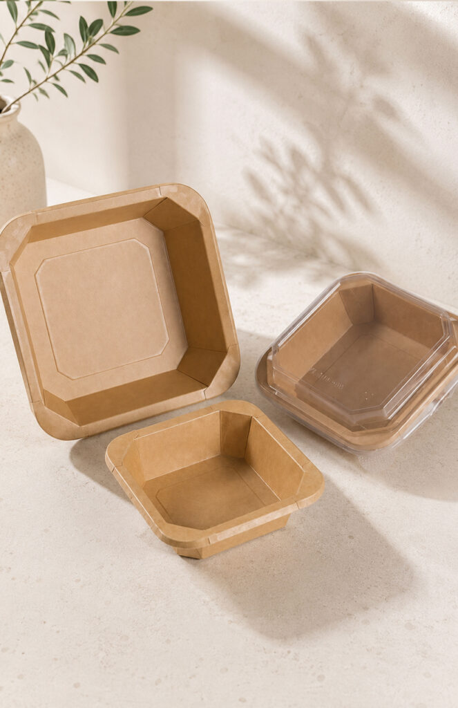 Kraft paper bowls with matching lids for takeaway meals