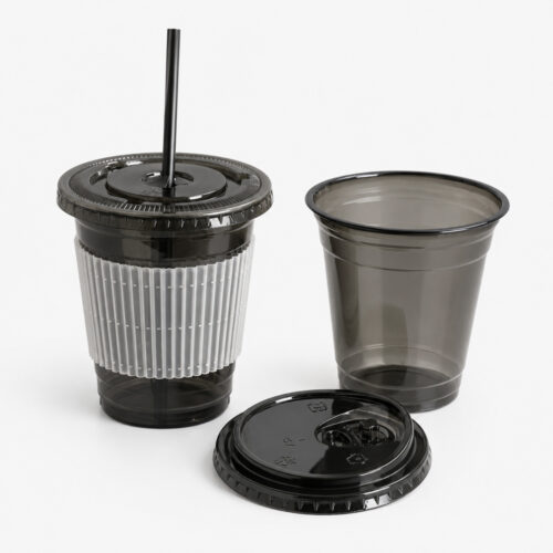 Milk Tea Cups in Black PET with Flat or Dome Lids