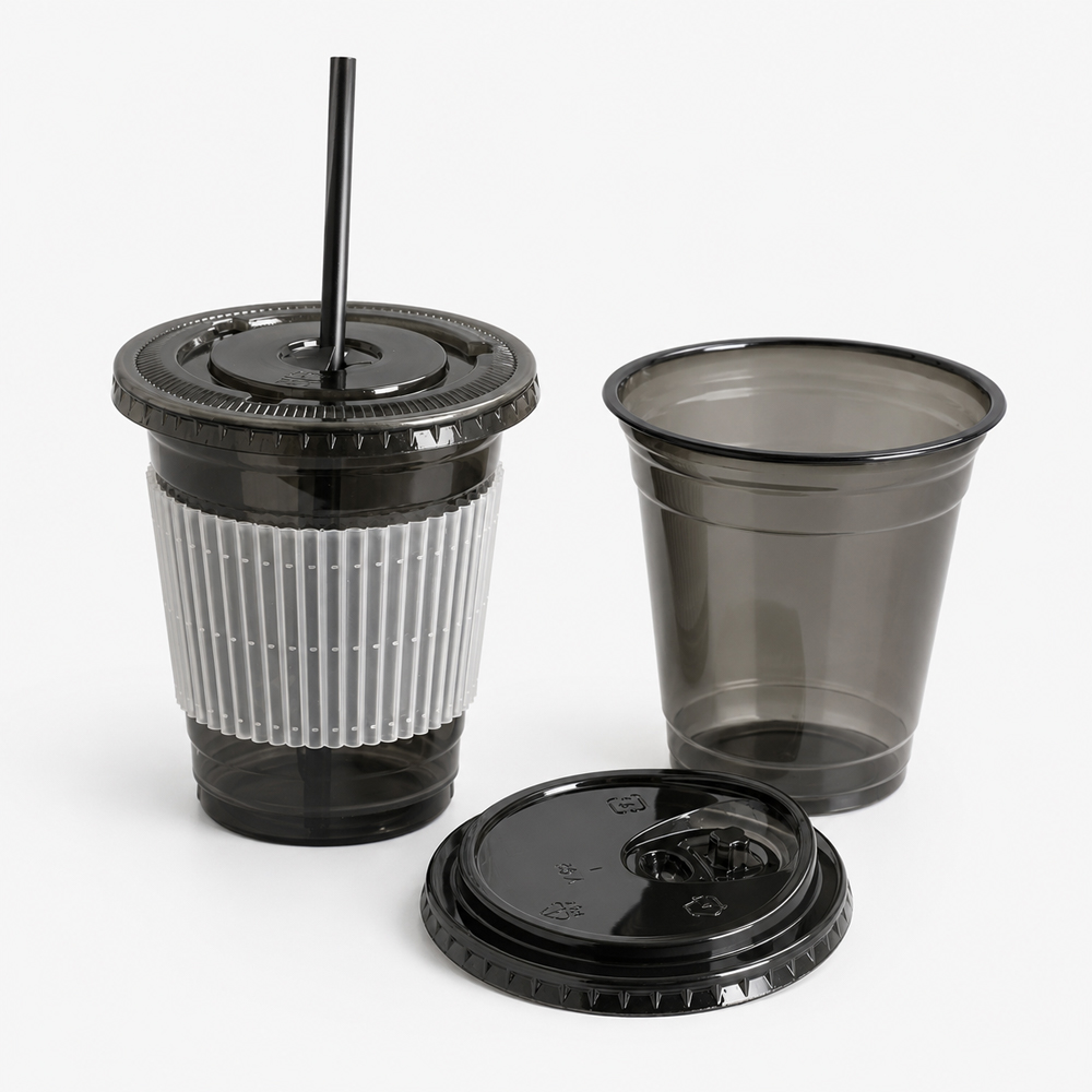 Milk Tea Cups in Black PET with Flat or Dome Lids