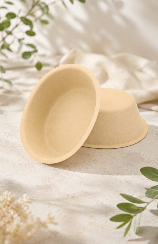 Molded bamboo fiber bowls for takeaway meal service