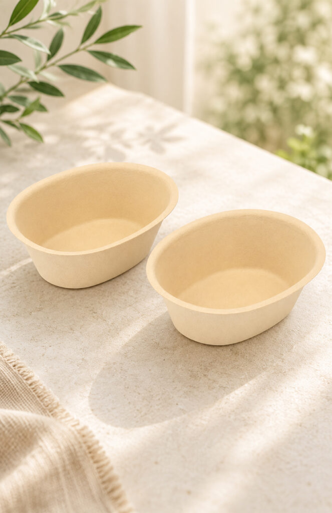 Molded bamboo fiber bowls for takeaway meal service