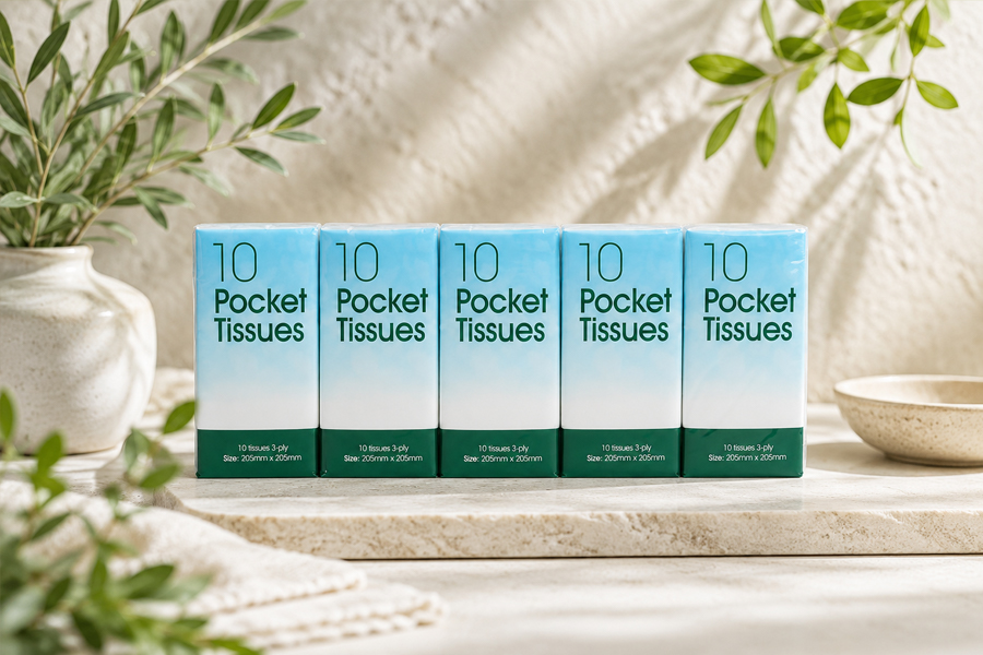 Multi-ply pocket tissue showing softness and folded thickness