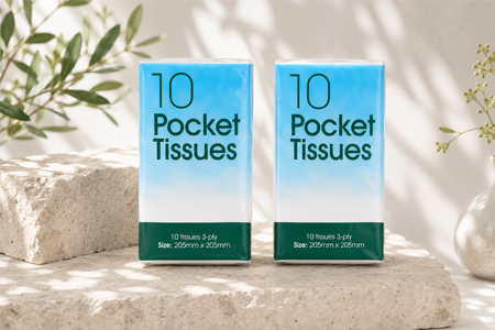 Multi-ply pocket tissue showing softness and folded thickness