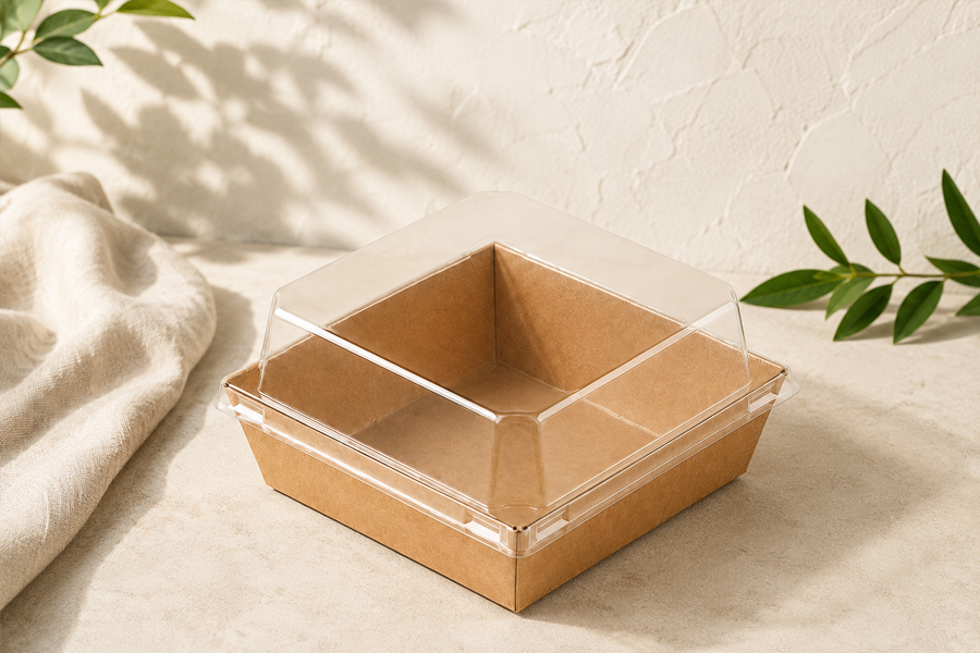 Open paper trays for Sushi, fruit portions, and supermarket displays