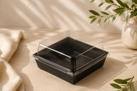 Open paper trays for Sushi, fruit portions, and supermarket displays