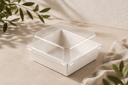 Open paper trays for Sushi, fruit portions, and supermarket displays