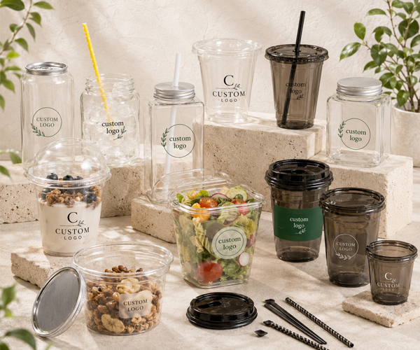 PET cold cups displaying fruit tea, ice, and toppings